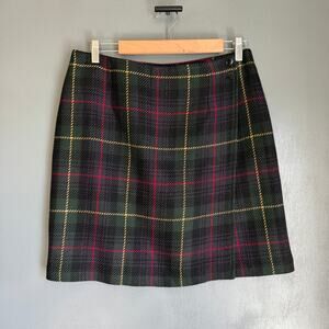Vintage TALBOTS Women's 12 Petite Green/Blue Tartan Plaid Wool Short Wrap Skirt